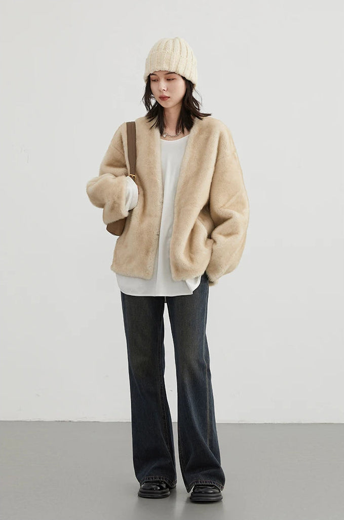 Veste femme ample à col V – manteau chaud style casual automne hiver