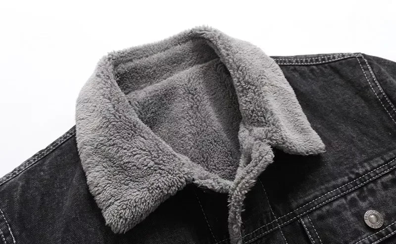 Veste Homme en Jean Noir Doublée Polaire Chaude, Décontractée et Élégante – Automne / Hiver