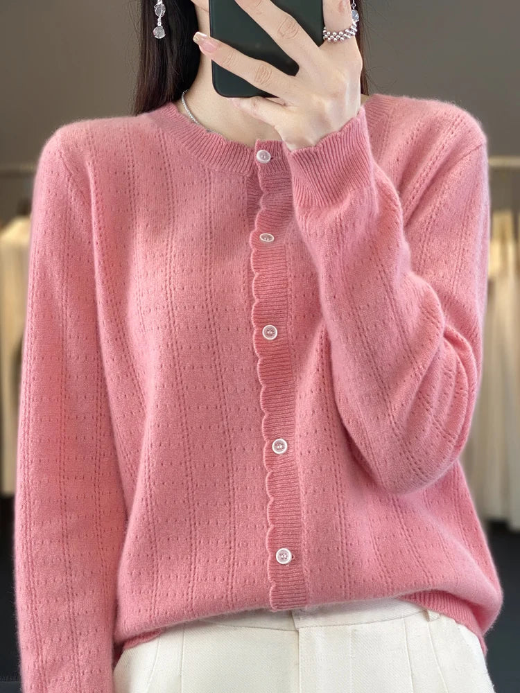 Cardigan Femme 100% Laine Mérinos – Design Dentelle et Tricot Creux - Vestico