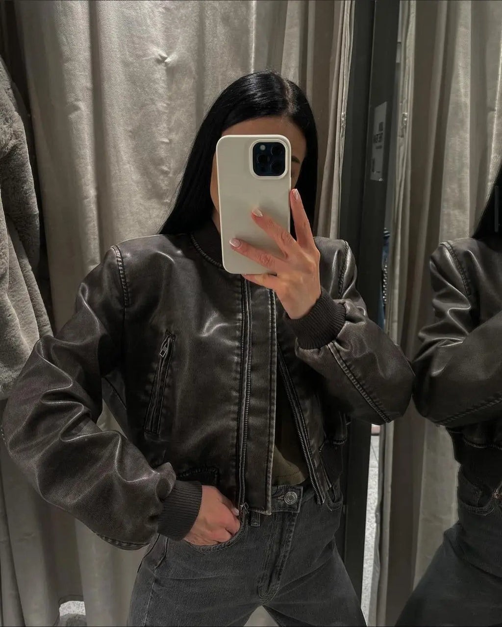 Veste Femme Vintage en Simili Cuir Lavé – Col Montant, Zippée, Style Motard Chic - Vestico