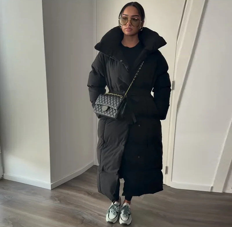 Manteau long matelassé femme – col montant élégant avec poches