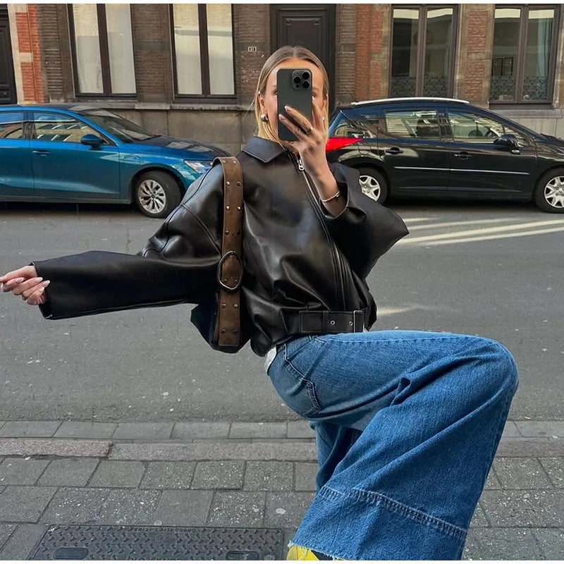 Veste Bomber Femme Simili Cuir Vintage – Coupe Loose avec Ceinture - Vestico