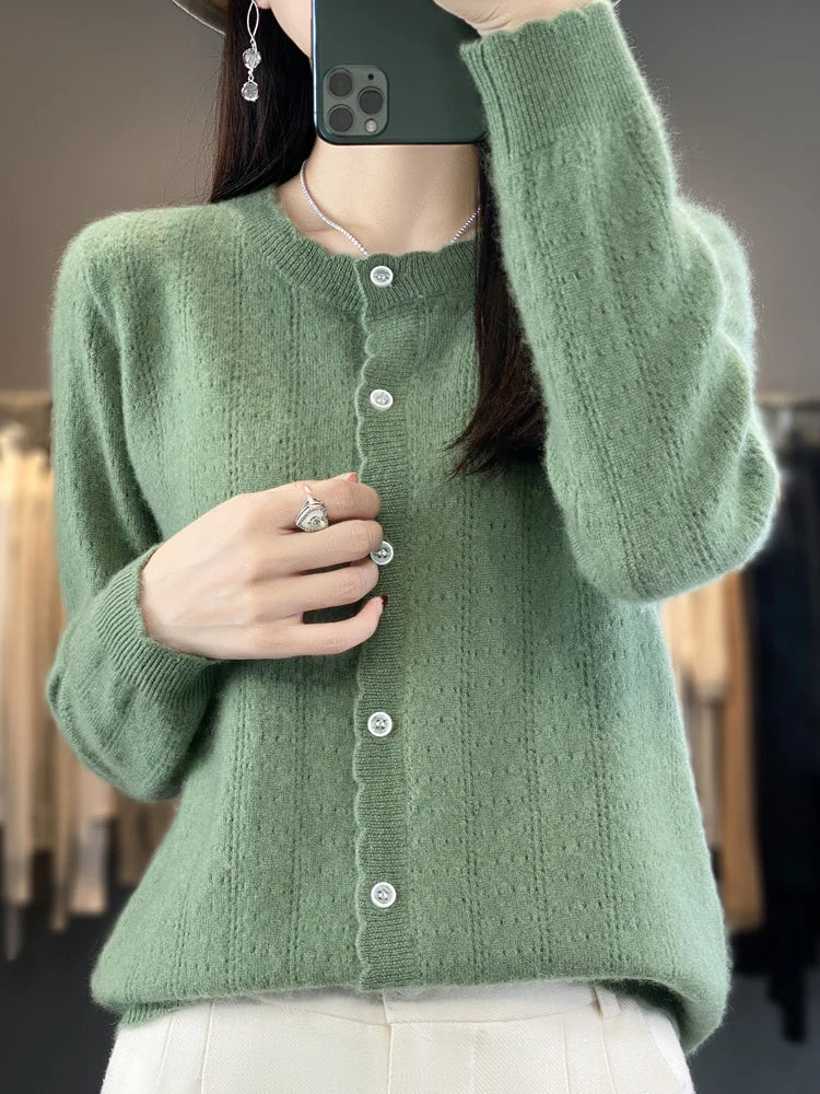 Cardigan Femme 100% Laine Mérinos – Design Dentelle et Tricot Creux - Vestico