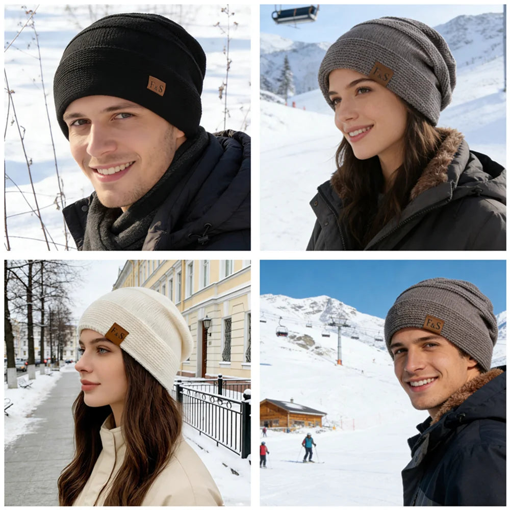 New Unisex Slouchy Winter Hats Add Fur Lined Men And Women Warm Beanie Cap Casual Label Decor Winter Knitted Hats - Vestico