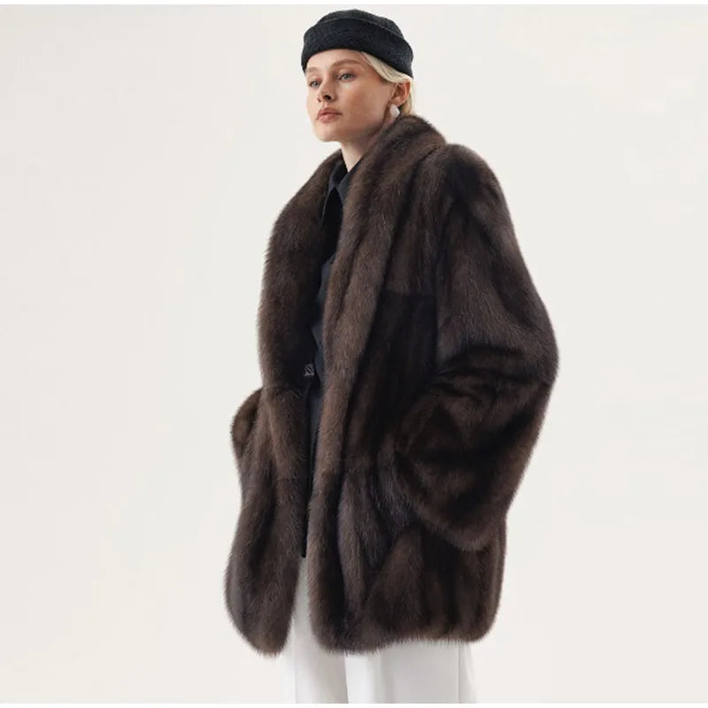 Veste Courte Femme en Fausse Fourrure Marron – Col Revers Col V Style Décontracté