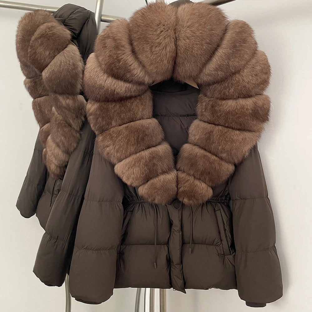Doudoune femme avec capuche fourrure naturelle – manteau chaud luxe hiver