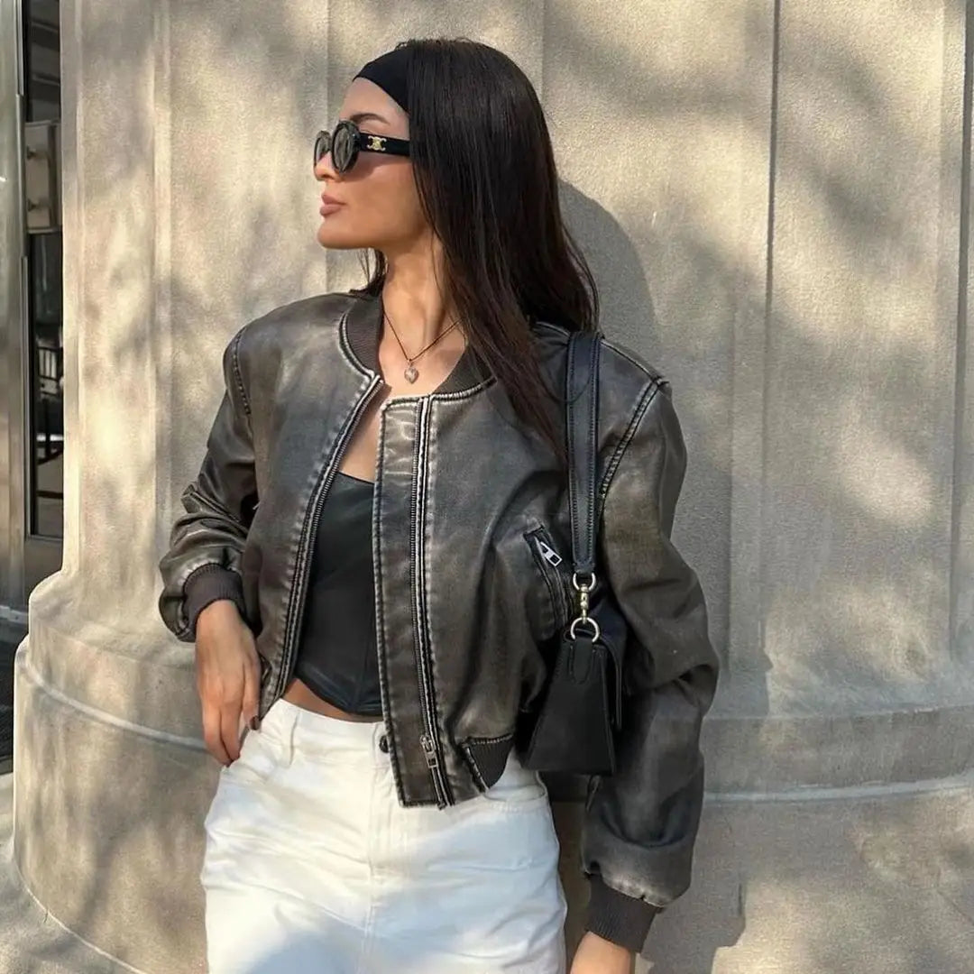 Veste Femme Vintage en Simili Cuir Lavé – Col Montant, Zippée, Style Motard Chic - Vestico