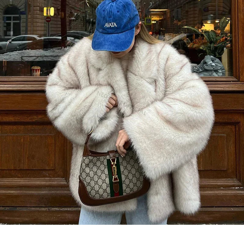 Manteau long femme en fausse fourrure dégradée – style luxe chaud hiver