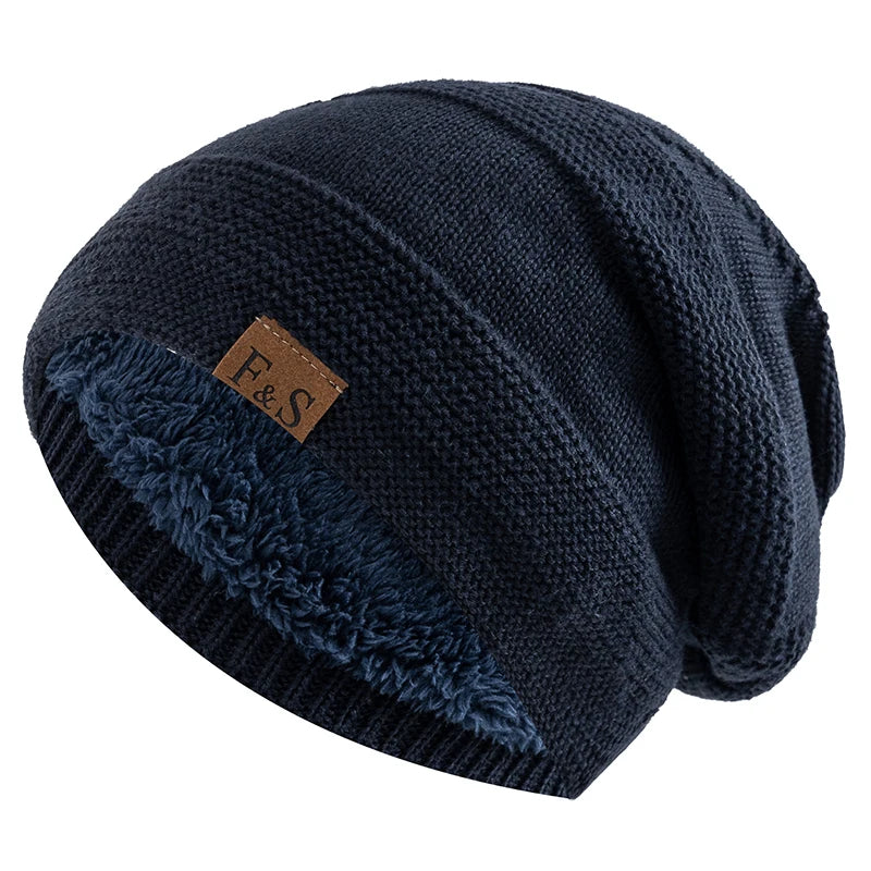 New Unisex Slouchy Winter Hats Add Fur Lined Men And Women Warm Beanie Cap Casual Label Decor Winter Knitted Hats - Vestico