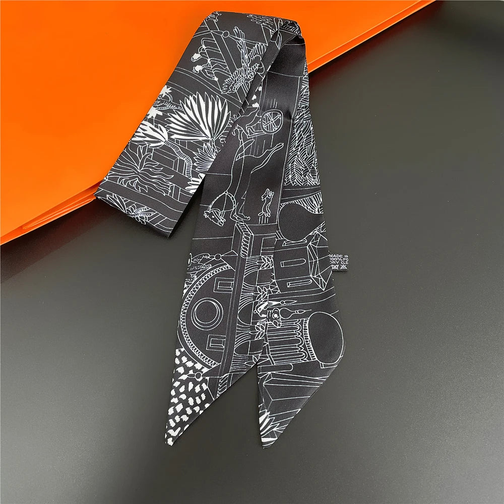 Foulard Femme Imprimé – Écharpe Fine en Soie, Accessoire pour Sac & Cheveux