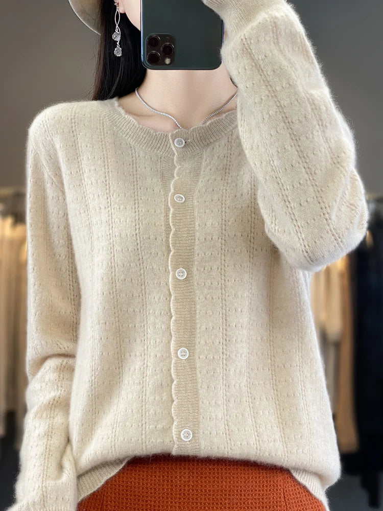 Cardigan Femme 100% Laine Mérinos – Design Dentelle et Tricot Creux - Vestico