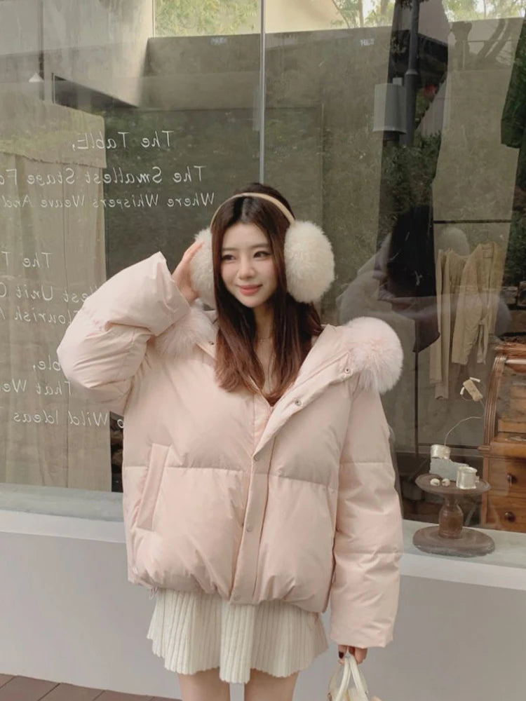 Parka femme rose à capuche – manteau d’hiver chaud style coréen