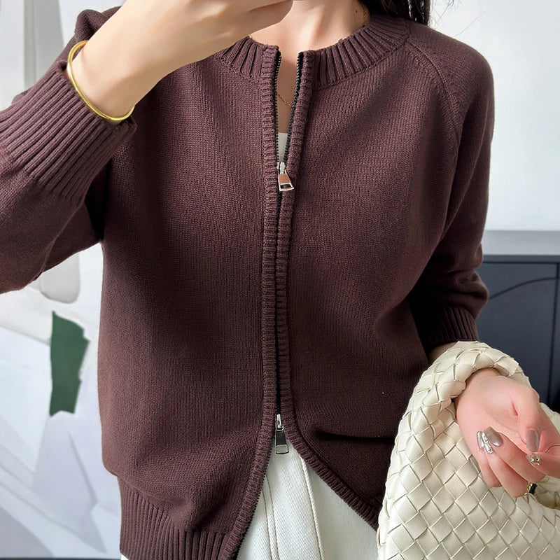 Cardigan Femme en Coton – Col Rond, Fermeture Zippée & Coupe Ample - Vestico