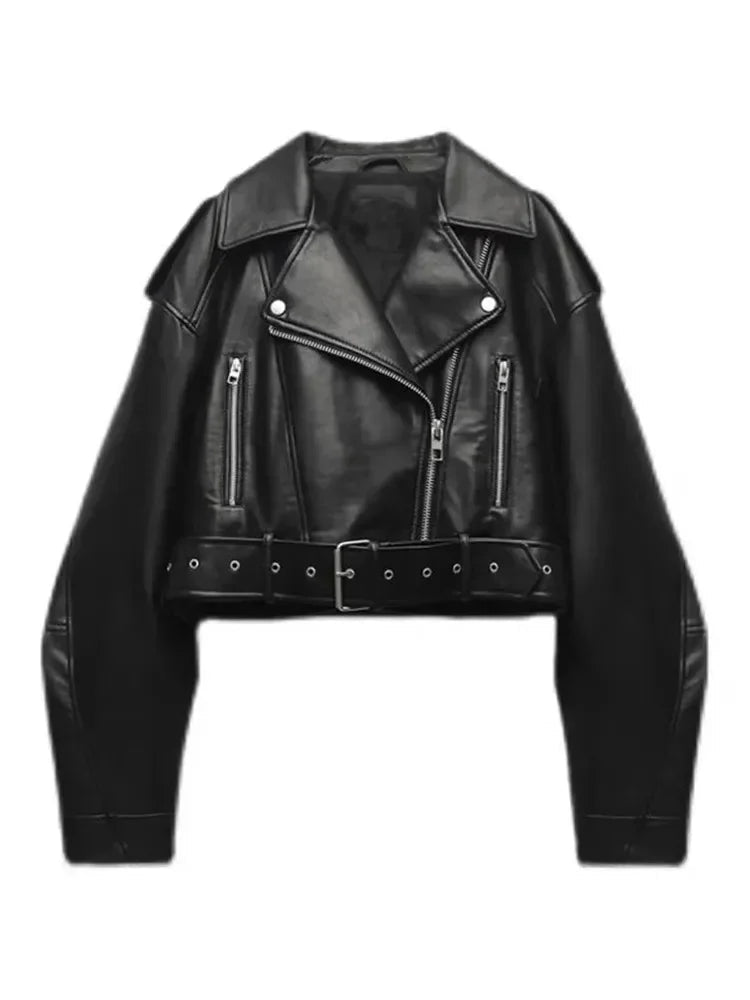 Veste Femme Vintage Oversize en PU – Blouson Court avec Ceinture - Vestico