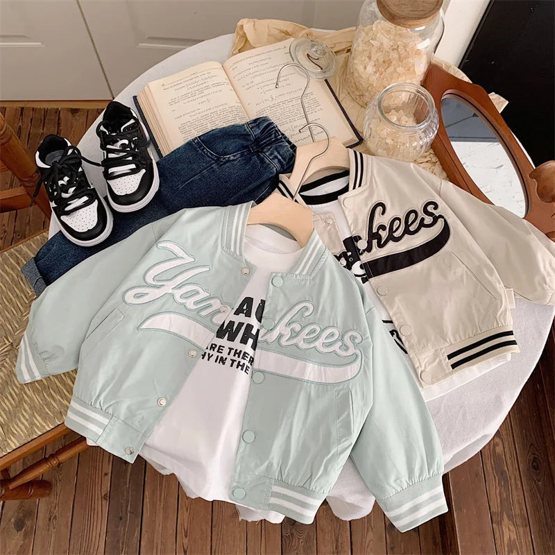 Children's Jackets 2025 Spring Boys Girls Baseball Coats New Kids Embroidered Letters Cardigan Autumn Fashion Outerwear Clothing - Vestico