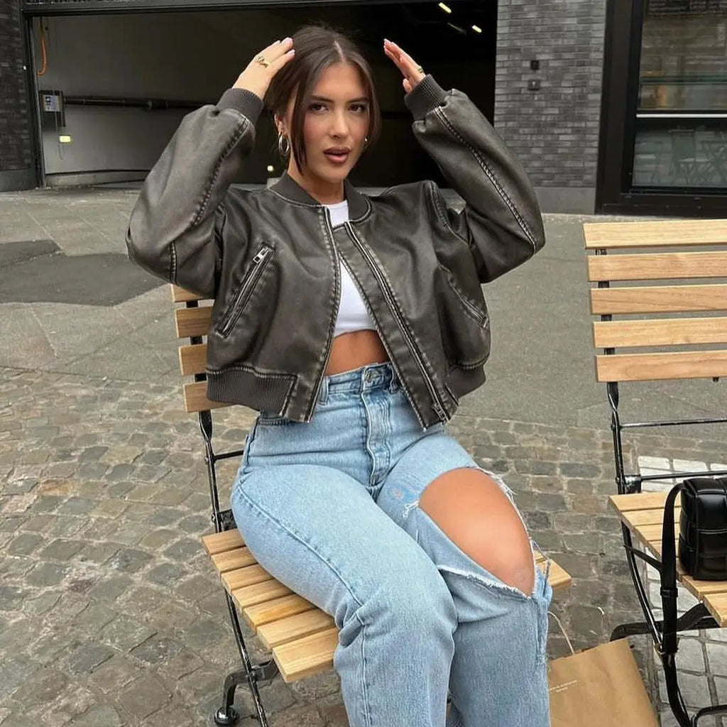 Veste Femme Vintage en Simili Cuir Lavé – Col Montant, Zippée, Style Motard Chic - Vestico