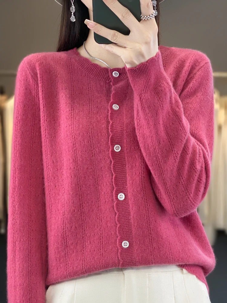 Cardigan Femme 100% Laine Mérinos – Design Dentelle et Tricot Creux - Vestico