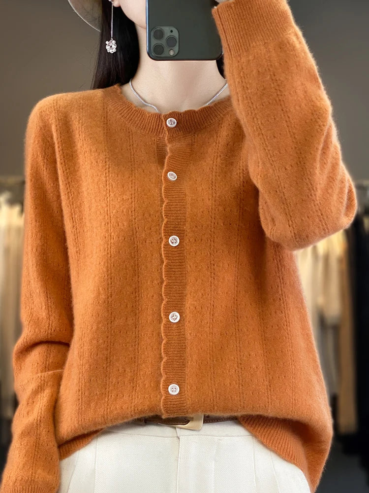 Cardigan Femme 100% Laine Mérinos – Design Dentelle et Tricot Creux - Vestico