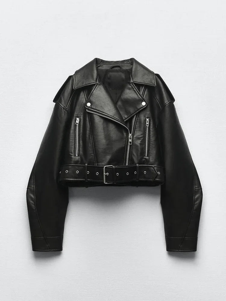 Veste Femme Vintage Oversize en PU – Blouson Court avec Ceinture - Vestico