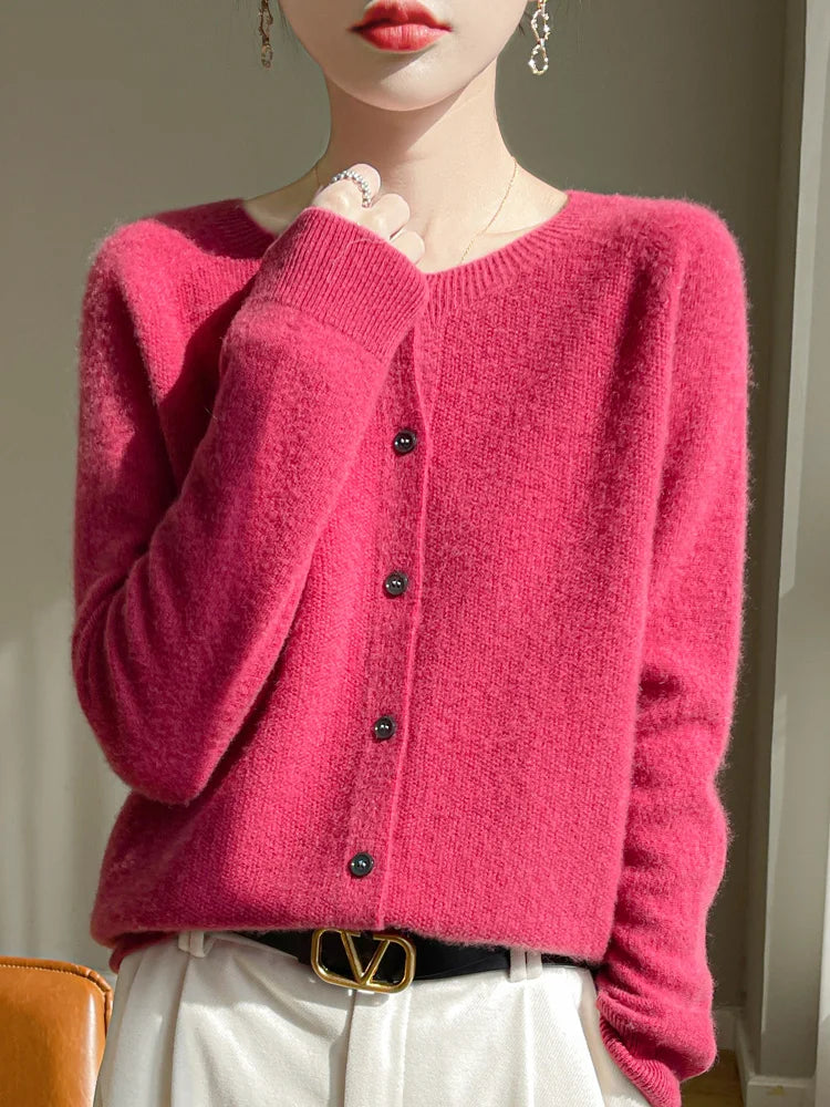 Cardigan Femme 100 % Laine Mérinos – Col Rond, Boutonné & Doux - Vestico