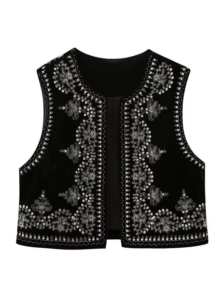 Gilet Femme Vintage Velours Brodé – Sans Manches Col V - Vestico