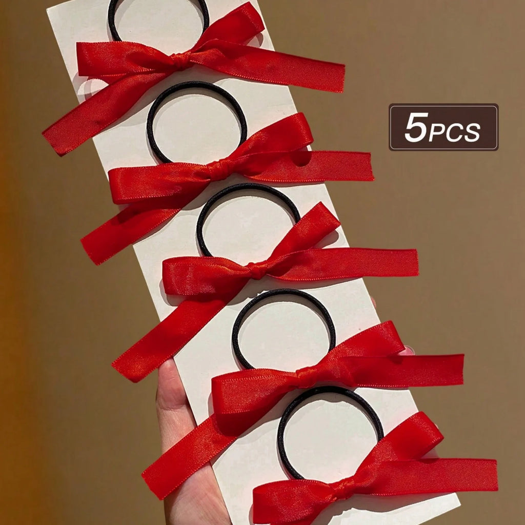 Lot de 5 Élastiques à Cheveux avec Nœud Rouge en Satin – Élégants & Tendance