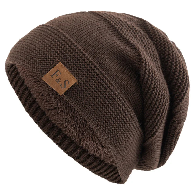 New Unisex Slouchy Winter Hats Add Fur Lined Men And Women Warm Beanie Cap Casual Label Decor Winter Knitted Hats - Vestico