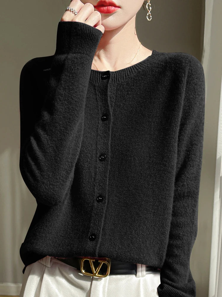 Cardigan Femme 100 % Laine Mérinos – Col Rond, Boutonné & Doux - Vestico