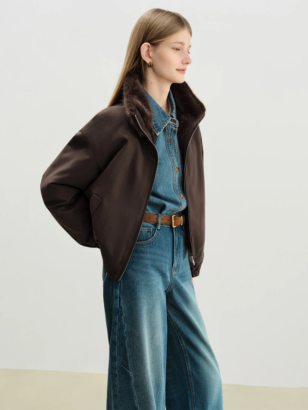 Veste courte réversible femme à col en fausse fourrure – style vintage workwear