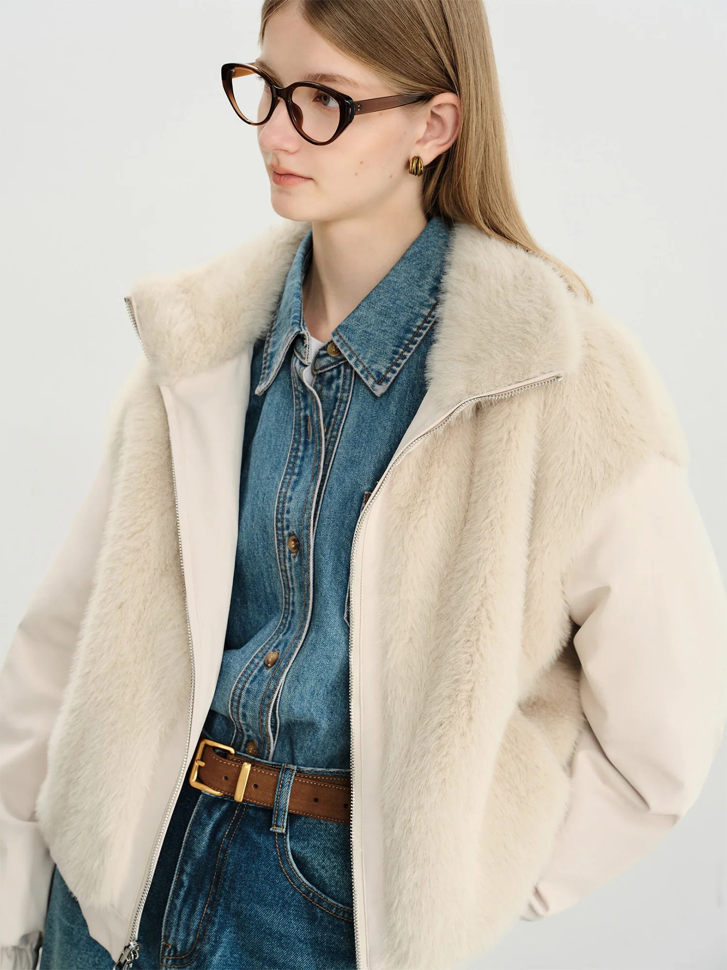 Veste courte réversible femme à col en fausse fourrure – style vintage workwear