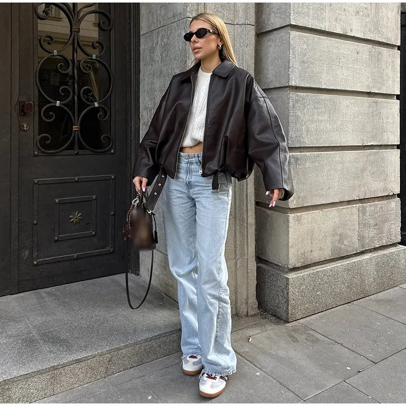 Veste Bomber Femme Simili Cuir Vintage – Coupe Loose avec Ceinture - Vestico