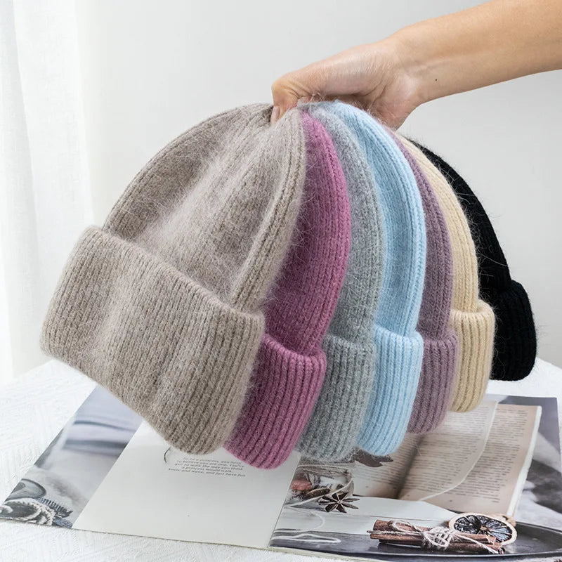 Winter Hats For Women Rabbit Fur Knitted Beanies Curled Thickened Keep Warm Bonnet Baggy Cap Female Soft Beanie Ski Cap - Vestico
