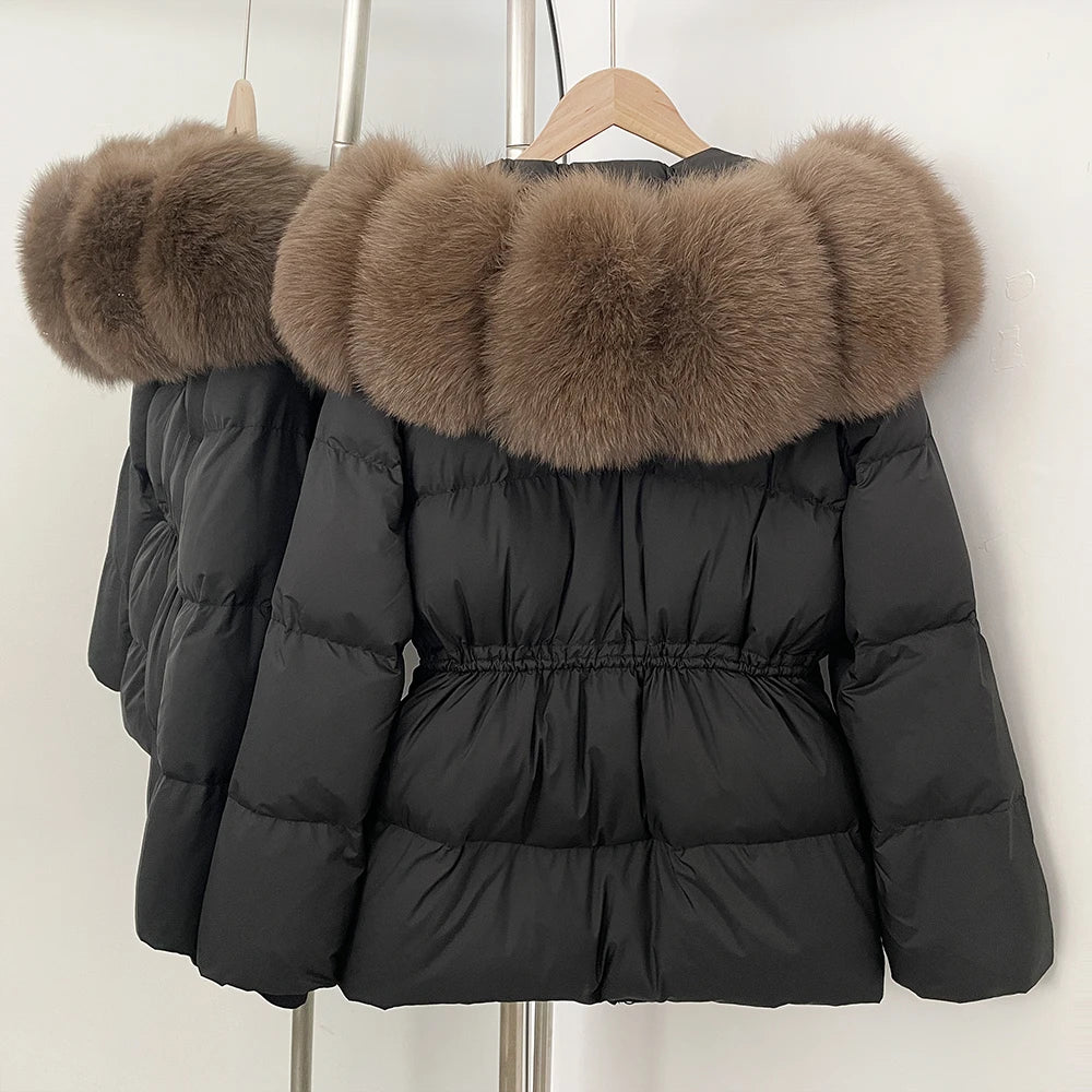Doudoune femme avec capuche fourrure naturelle – manteau chaud luxe hiver