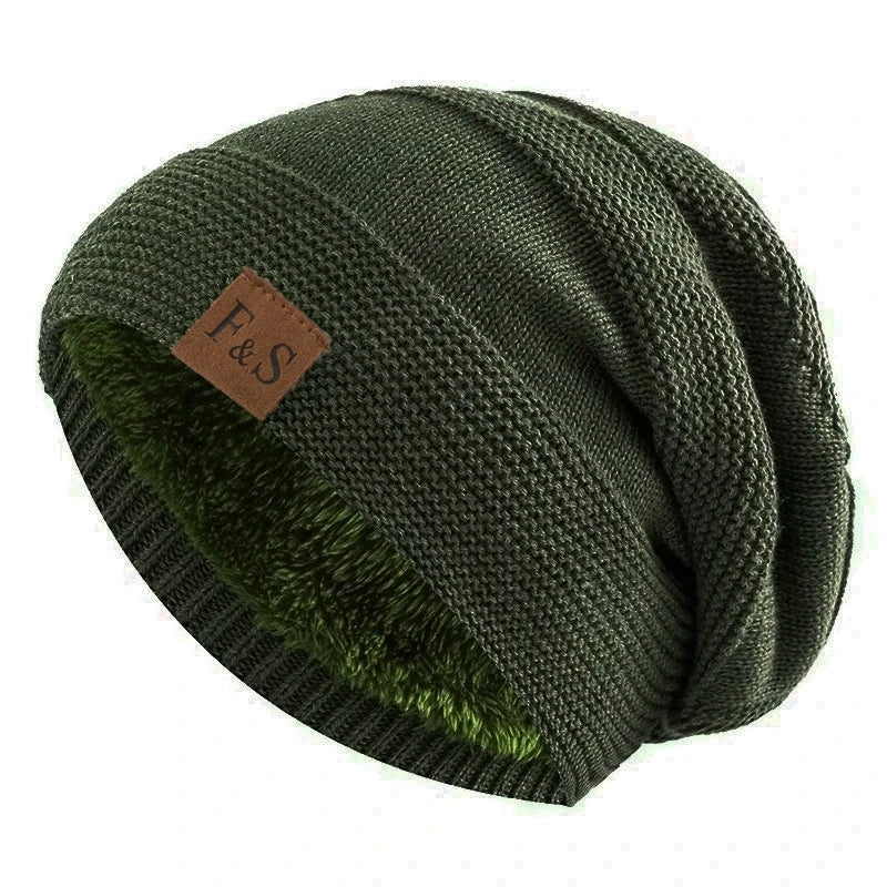 New Unisex Slouchy Winter Hats Add Fur Lined Men And Women Warm Beanie Cap Casual Label Decor Winter Knitted Hats - Vestico