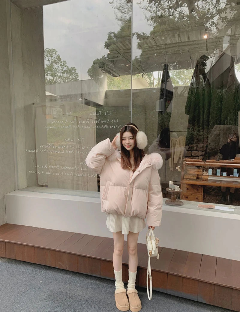 Parka femme rose à capuche – manteau d’hiver chaud style coréen