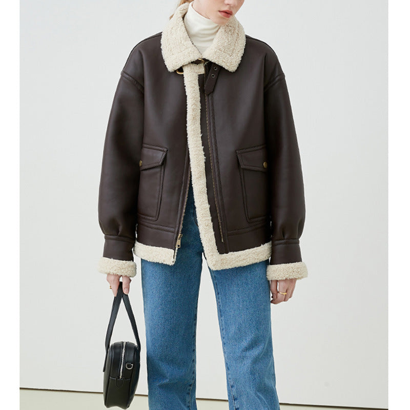 Veste Coréen Femme en Cuir Plush – Coupe Lâche et Épais - Vestico