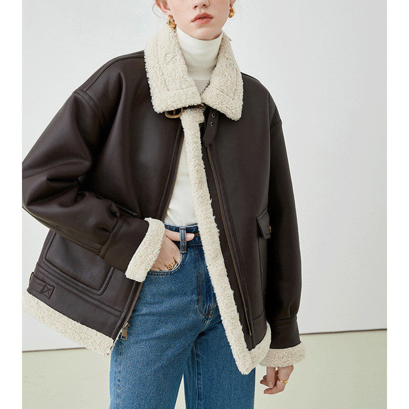 Veste Coréen Femme en Cuir Plush – Coupe Lâche et Épais - Vestico