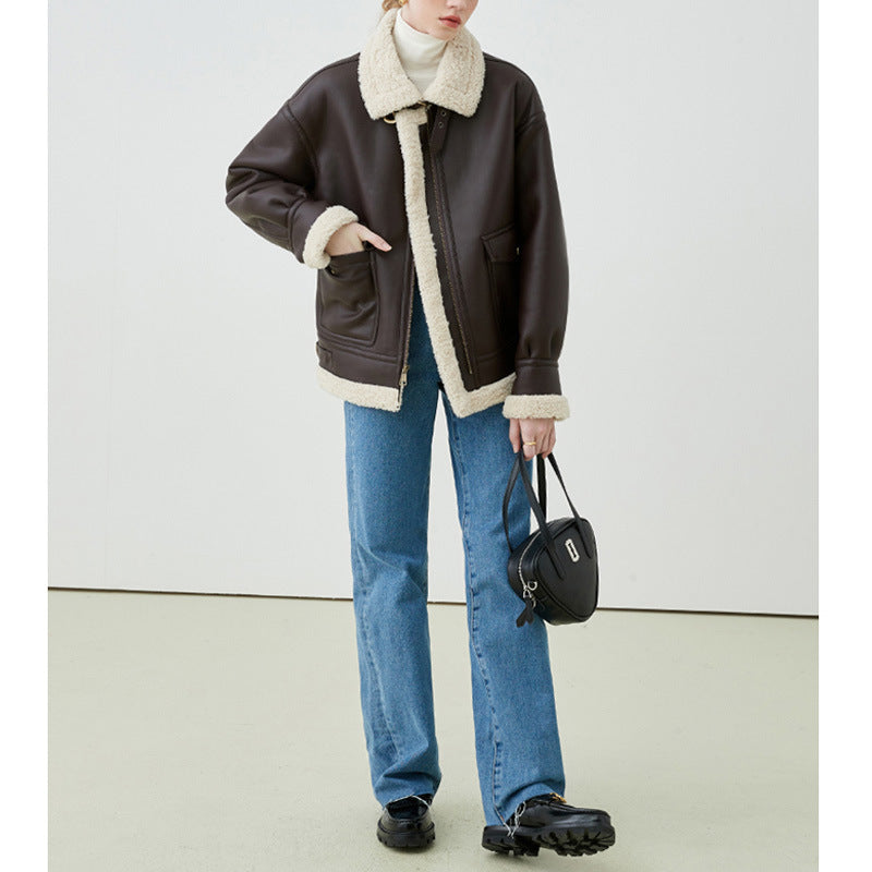 Veste Coréen Femme en Cuir Plush – Coupe Lâche et Épais - Vestico